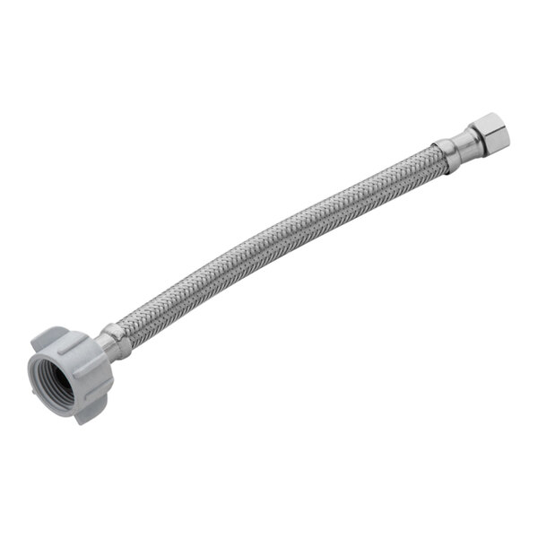 A silver flexible metal hose with a plastic nut.