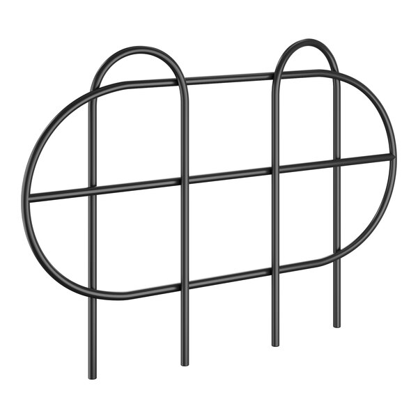 A black metal rack with black bars and a circle design on the front.