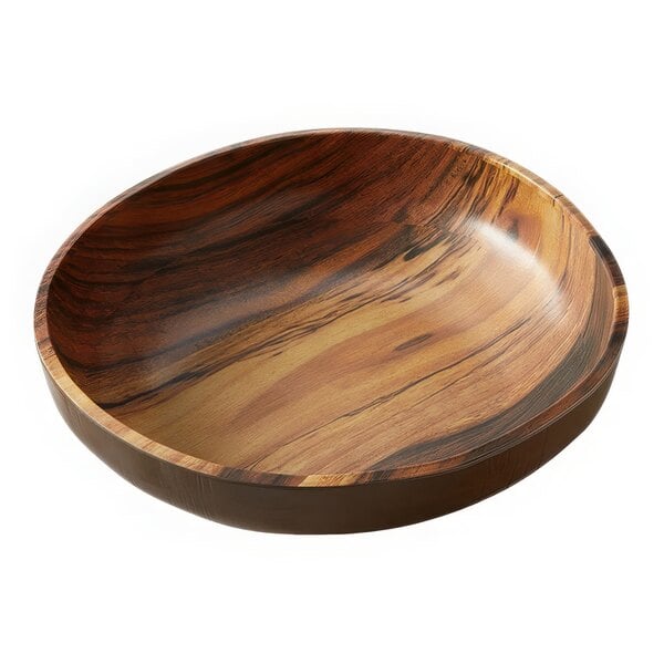 An American Metalcraft acacia wood melamine serving bowl on a table.