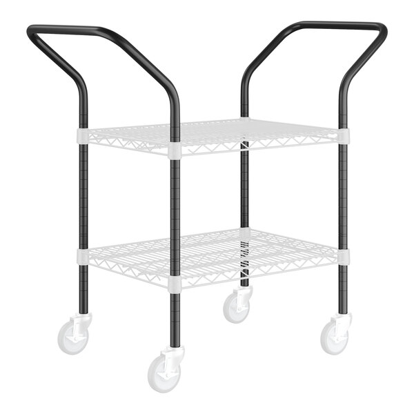 A black metal utility cart with white wheels.