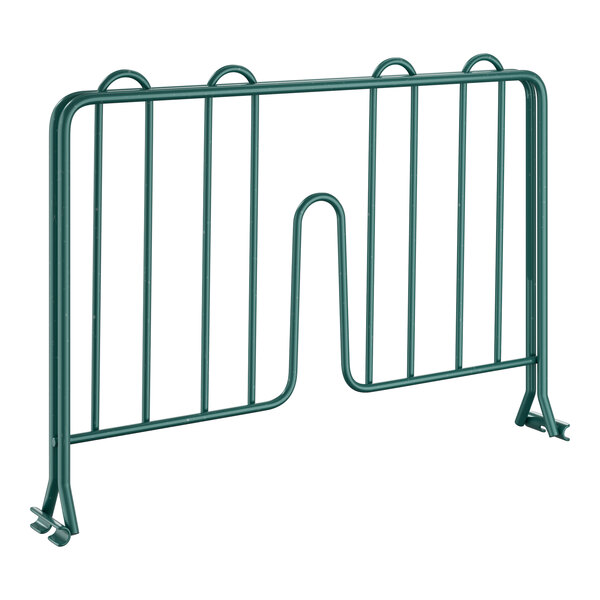 A close-up of a green metal wire shelf divider with two bars.