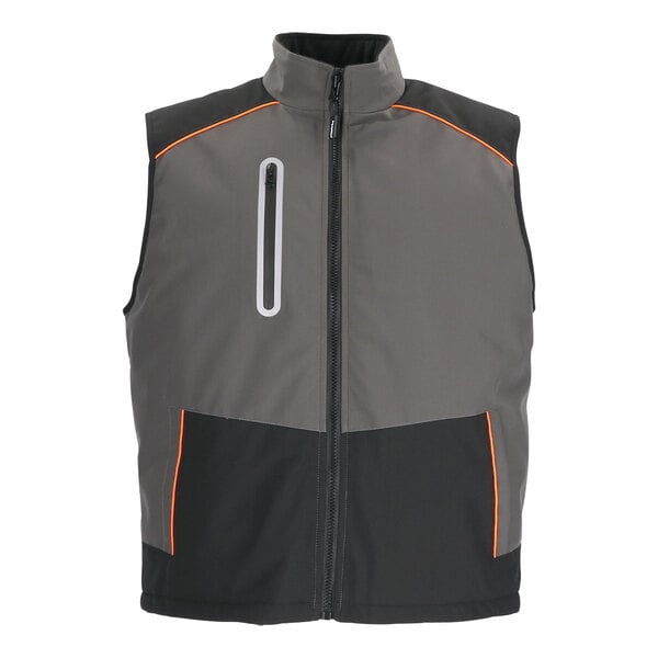 A charcoal grey RefrigiWear insulated vest with orange trim and a zipper.