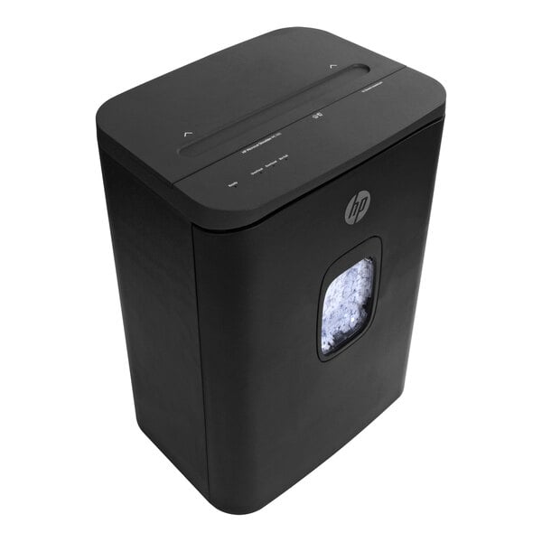 A black rectangular HP paper shredder with a square window.