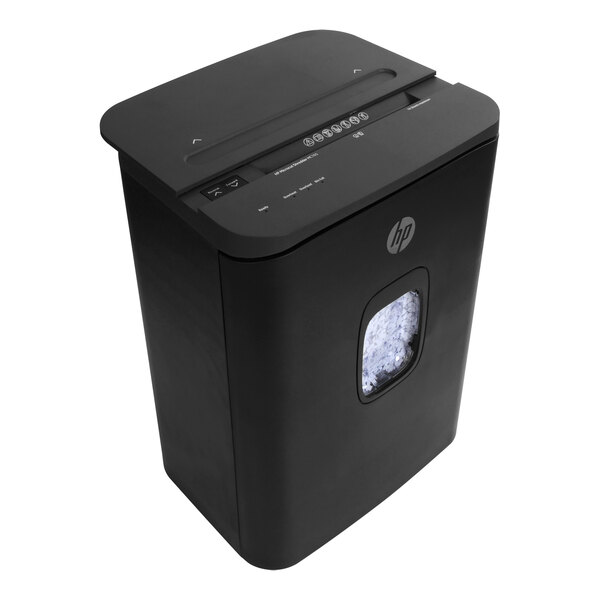 A black HP MC165 micro-cut shredder with a square window on the front.