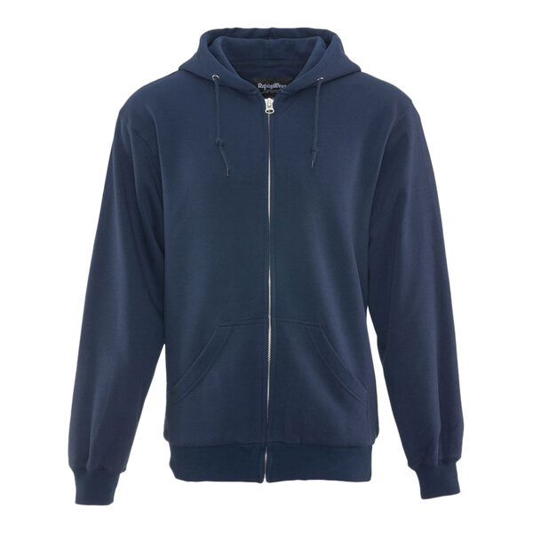 A navy zip up RefrigiWear sweatshirt with a hood.