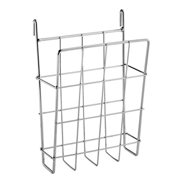 A chrome document holder attached to a metal rack with wire mesh.