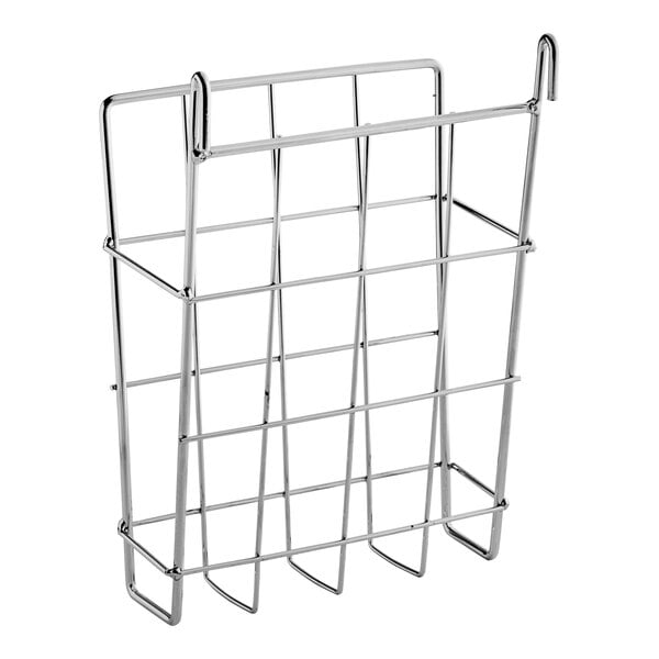 A chrome metal document holder for wire shelving.