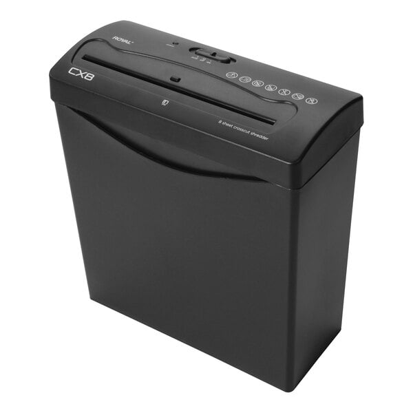 A black Royal CX8 paper shredder on a counter.