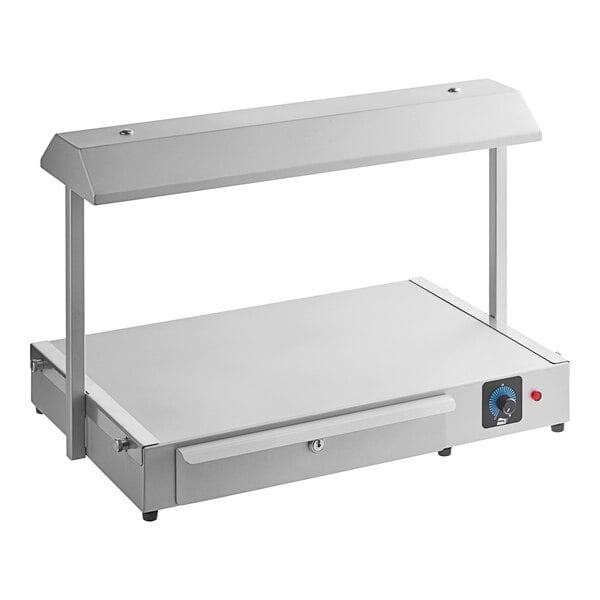 A white rectangular Pavoni sugar heating lamp on a metal shelf above a deli counter.