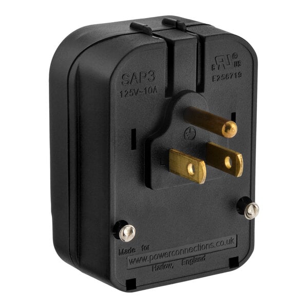 A black electrical plug adapter with three brass prongs.