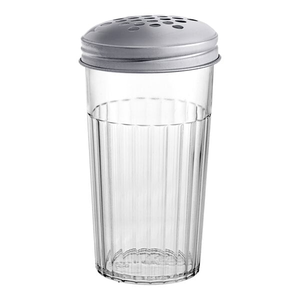 An American Metalcraft clear plastic cheese shaker with a metal lid.