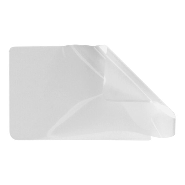 A close-up of a white HP 2 1/4" x 3 3/4" laminator pouch.