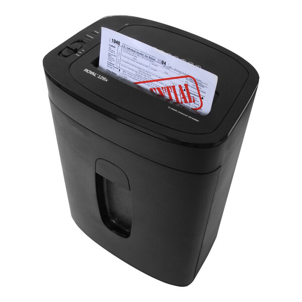 A Royal paper shredder with paper in it.