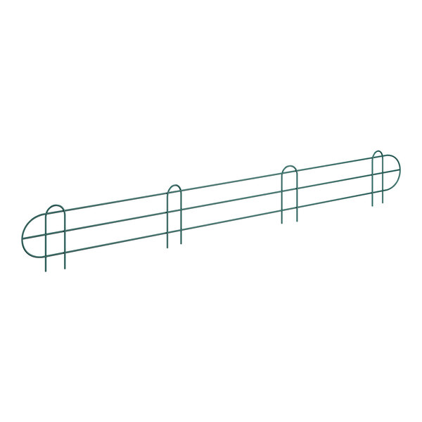 A green wire shelf ledge attached to a wire fence.
