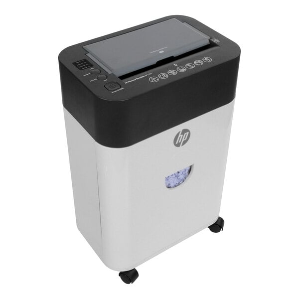 An HP micro-cut shredder with black and white trim on a white background.