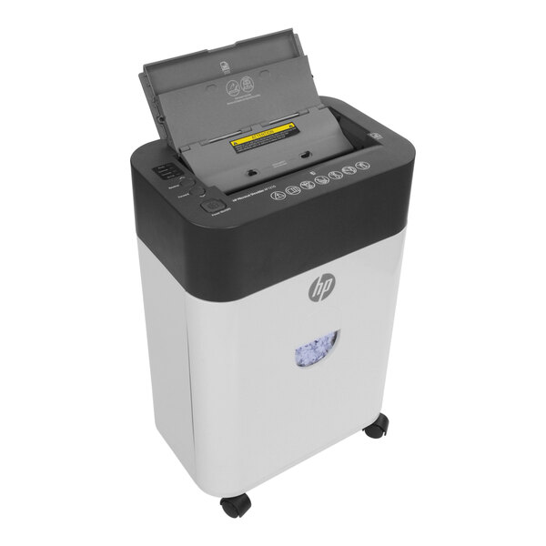 A HP paper shredder with the lid open.