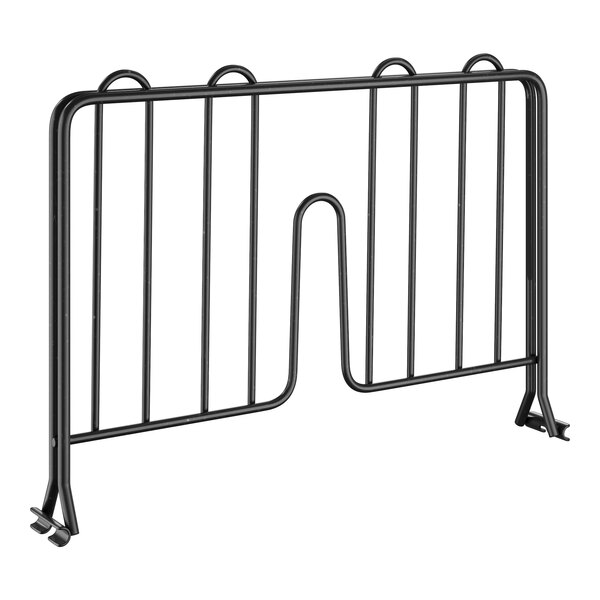 A black metal wire shelf divider with two bars.