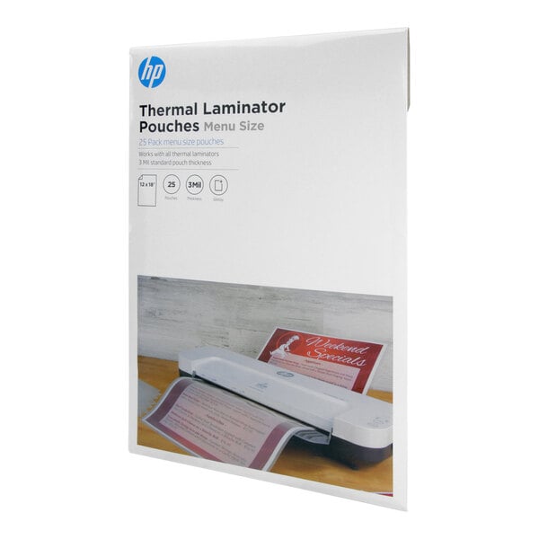 A white package with a red and white label for HP 91076M thermal laminator pouches.