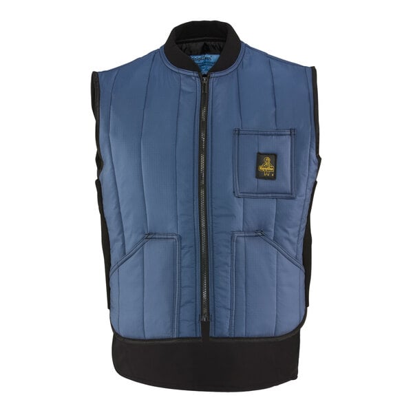 A navy blue RefrigiWear insulated vest with black accents and a zipper.