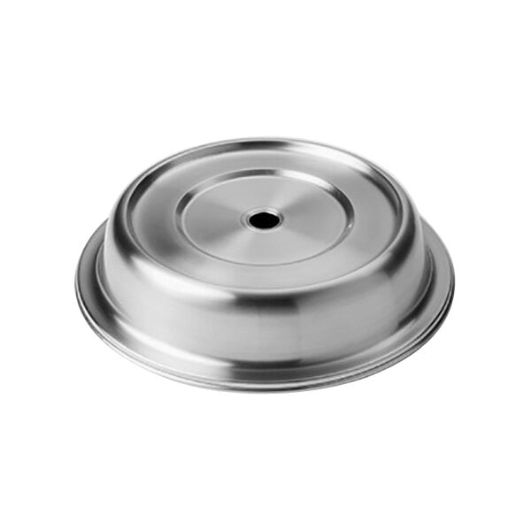 A close-up of a silver circular American Metalcraft stainless steel plate cover.