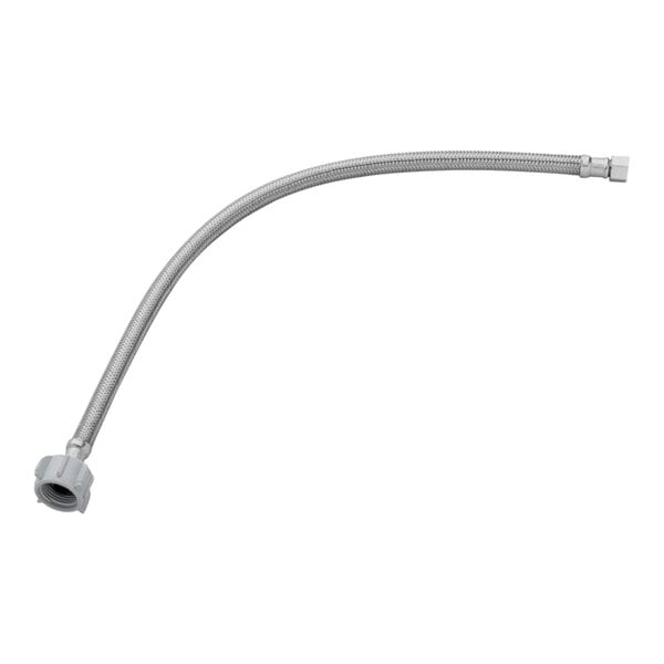 A silver flexible hose with a metal nut.