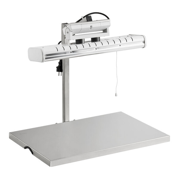 A stainless steel sugar heating lamp with an adjustable heating element and a flat base, designed for professional kitchen use.