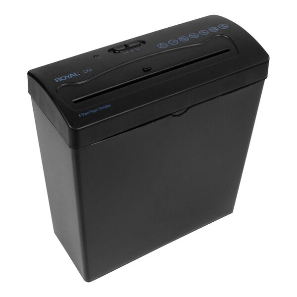 A black Royal paper shredder with blue and black buttons.