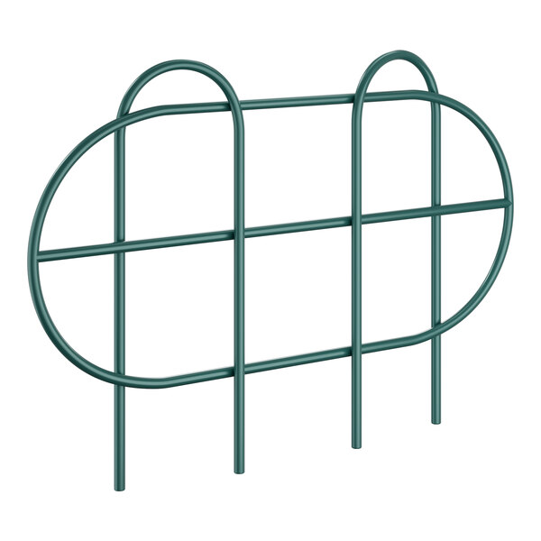 A green metal shelf ledge for wire shelving with two circular bars.