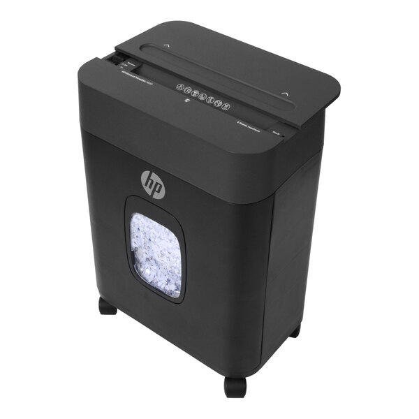 An HP white and black micro-cut shredder.
