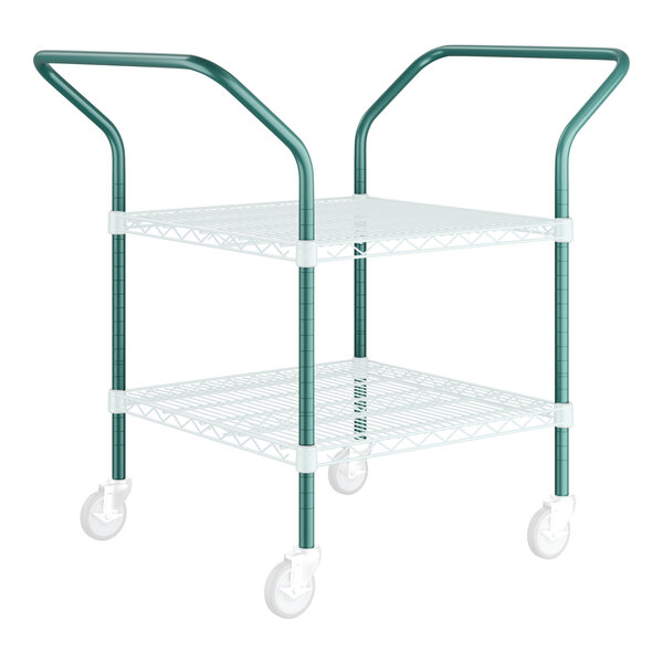 A two tiered metal cart with green wheels.