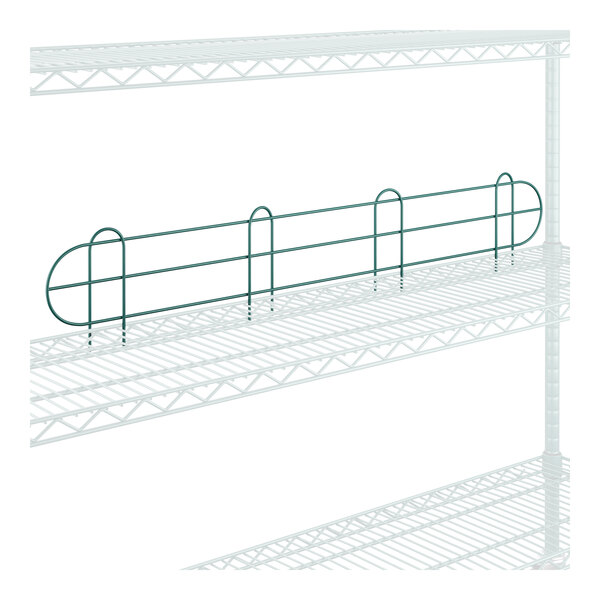 A white metal wire shelf with a green metal ledge.