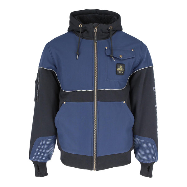 A navy blue and black RefrigiWear insulated sweatshirt jacket with a hood and zipper.