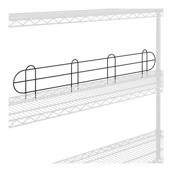 A black metal wire shelf with a black wire railing.