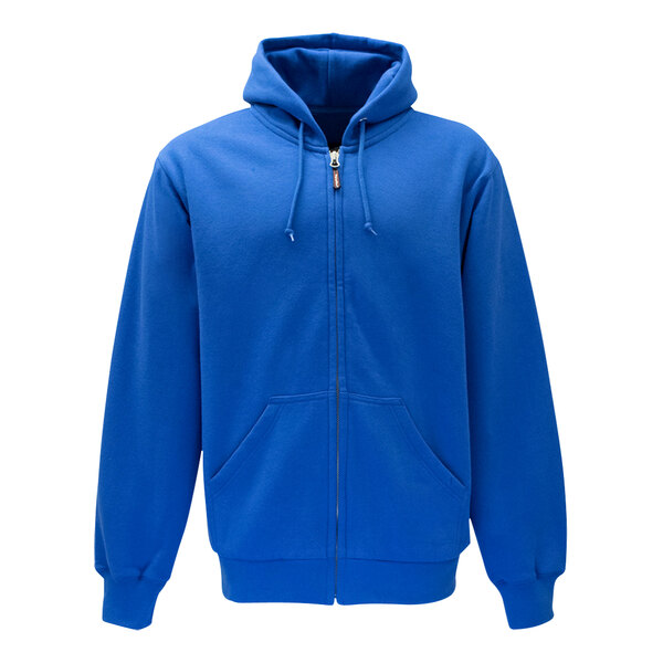 A blue zip up jacket with a hood and zipper.