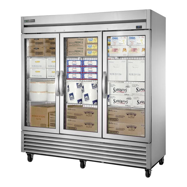 A True Glass Door Reach-In Freezer in a school kitchen.