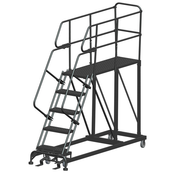 A black metal Ballymore work platform ladder with wheels, steps, and handrails.