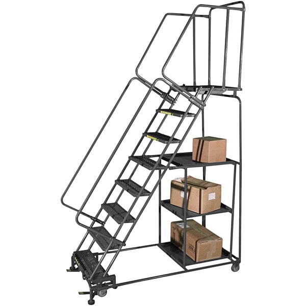 A gray Ballymore steel safety ladder with boxes on shelves.