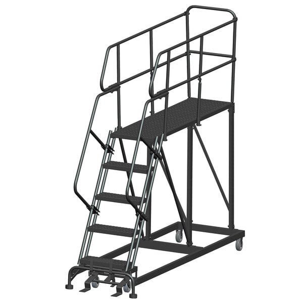 A black metal Ballymore work platform ladder with metal railings and wheels.