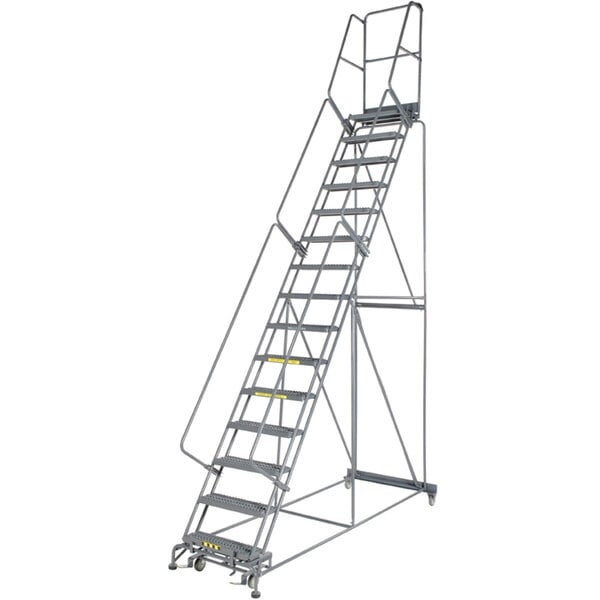 A gray Ballymore steel rolling safety ladder with handrail and wide steps.