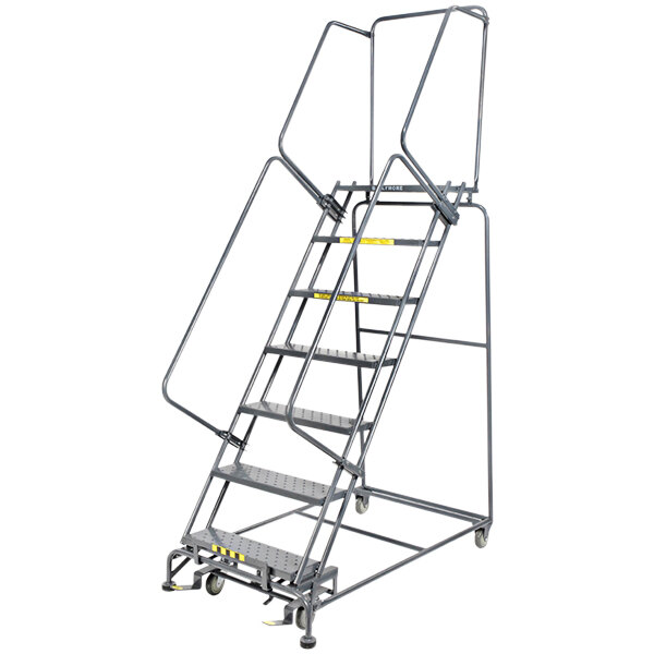 A Ballymore gray steel rolling safety ladder with yellow handles.