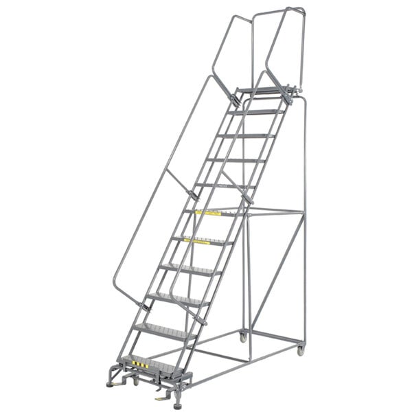 A Ballymore steel rolling safety ladder with handrail and metal steps.