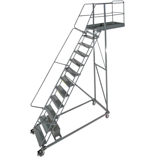 A Ballymore metal cantilever ladder with wheels and metal handrails.