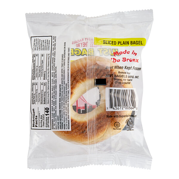 A Just Bagels plain mini bagel wrapped in plastic with a label.