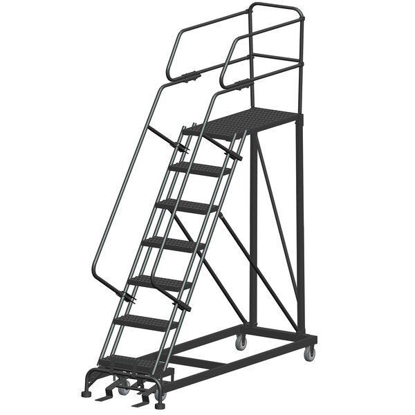 A black steel Ballymore mobile work platform ladder with metal bars and wheels.