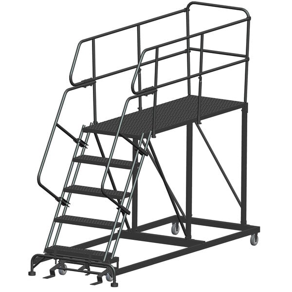 A black metal Ballymore mobile work platform ladder with metal handrails and wheels.