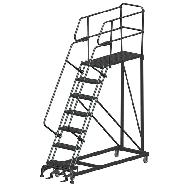 A black metal Ballymore mobile work platform ladder with metal bars and wheels.