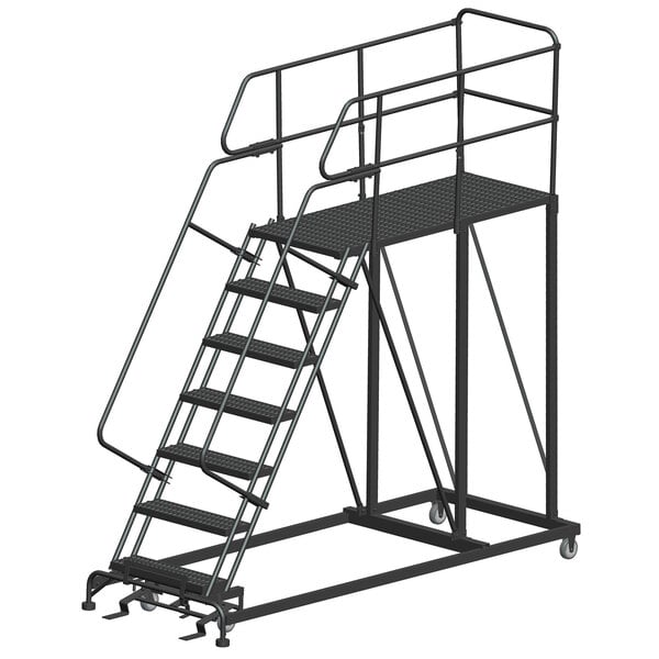 A black steel Ballymore mobile work platform ladder with metal bars and wheels.