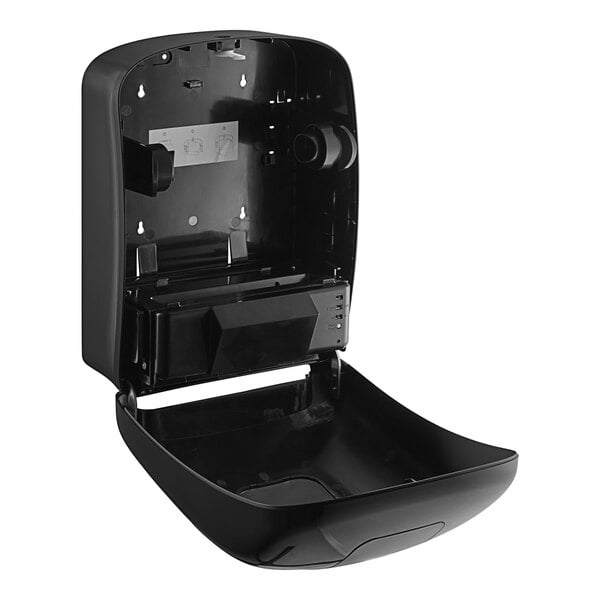 A black plastic Lavex automatic paper towel dispenser with a lid open.
