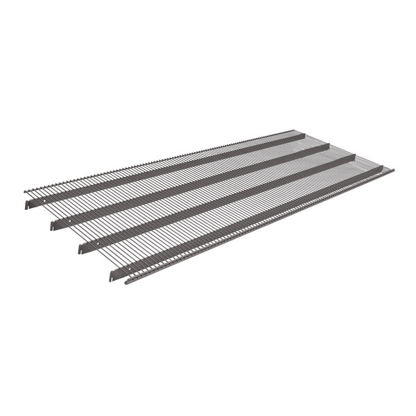 A close-up of a metal grid with metal strips.