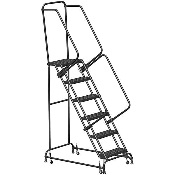 A black metal Ballymore rolling ladder with 6 steps and wheels.